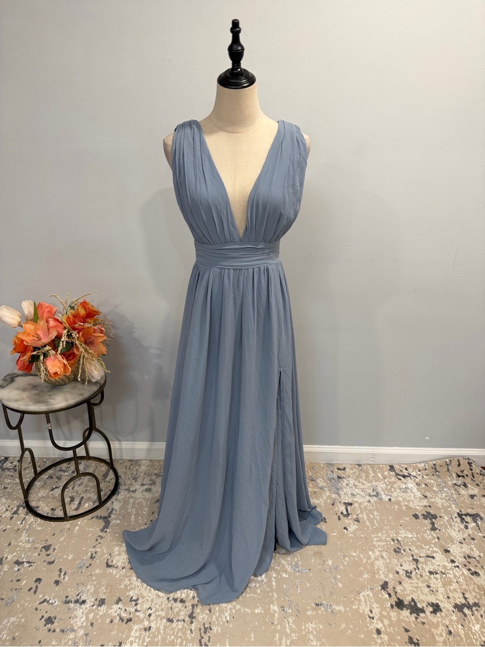 Lulus Elegant Dusty Blue V-Neck Sleeveless Chiffon Evening Dress - Size S
